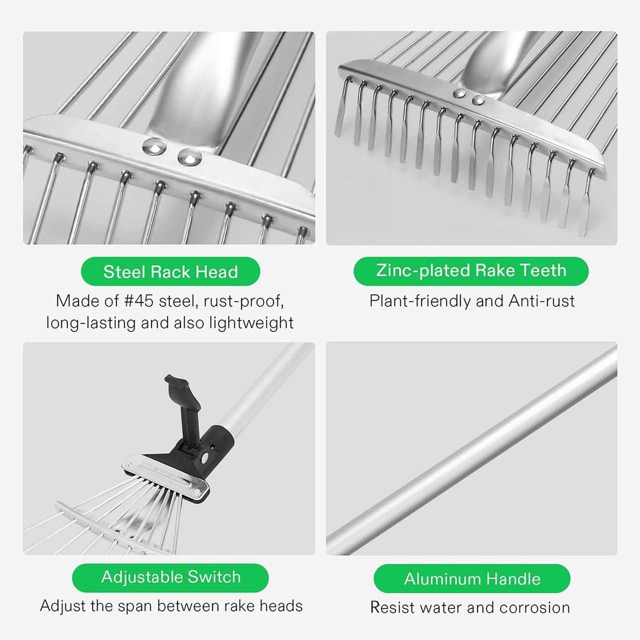 Garden Cleaning Rake Tool | Adjustable Width &  Length