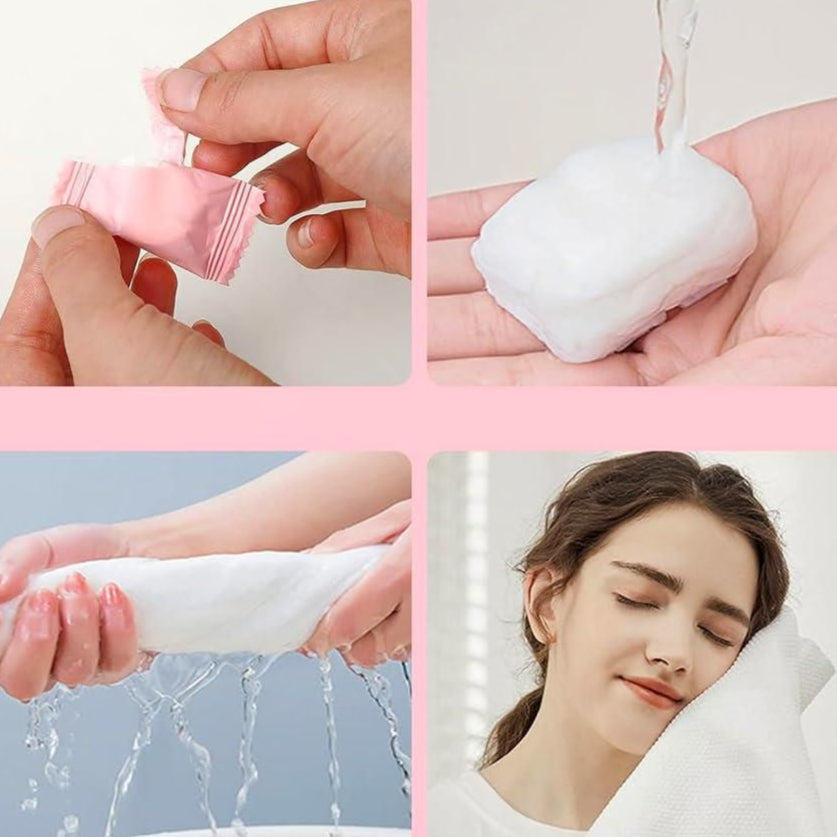 Step-by-step guide on how to use a towel with images of unpacking, soaking, unfolding, and using the towel.