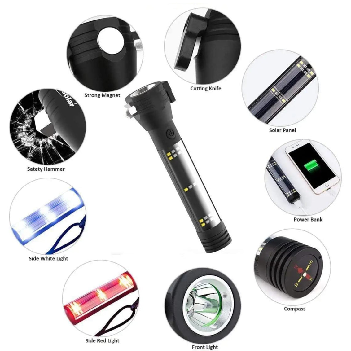 Solar Flashlight | Power Bank | Knife | USB Charging